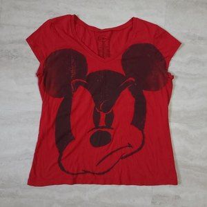 Disney Women's Angry Mickey V-Neck Red T-Shirt X-Large